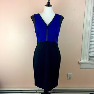 Blue and black midi dress with faux leather